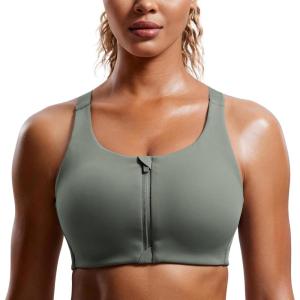 CRZ YOGA Womens Zip Front High Impact Sports Bra – Molded Cup Adjustable Convertible Straps Wireless Workout Yoga Crop Top(Grey Sage)