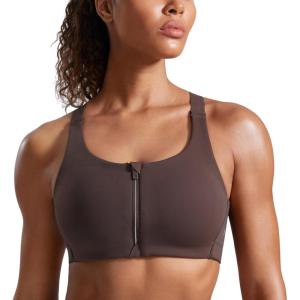 CRZ YOGA Womens Zip Front High Impact Sports Bra – Molded Cup Adjustable Convertible Straps Wireless Workout Yoga Crop Top(Hot Fudge Brown)