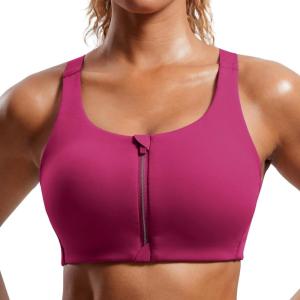 CRZ YOGA Womens Zip Front High Impact Sports Bra – Molded Cup Adjustable Convertible Straps Wireless Workout Yoga Crop Top(Magenta Purple)