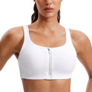 CRZ YOGA Womens Zip Front High Impact Sports Bra – Molded Cup Adjustable Convertible Straps Wireless Workout Yoga Crop Top(White)