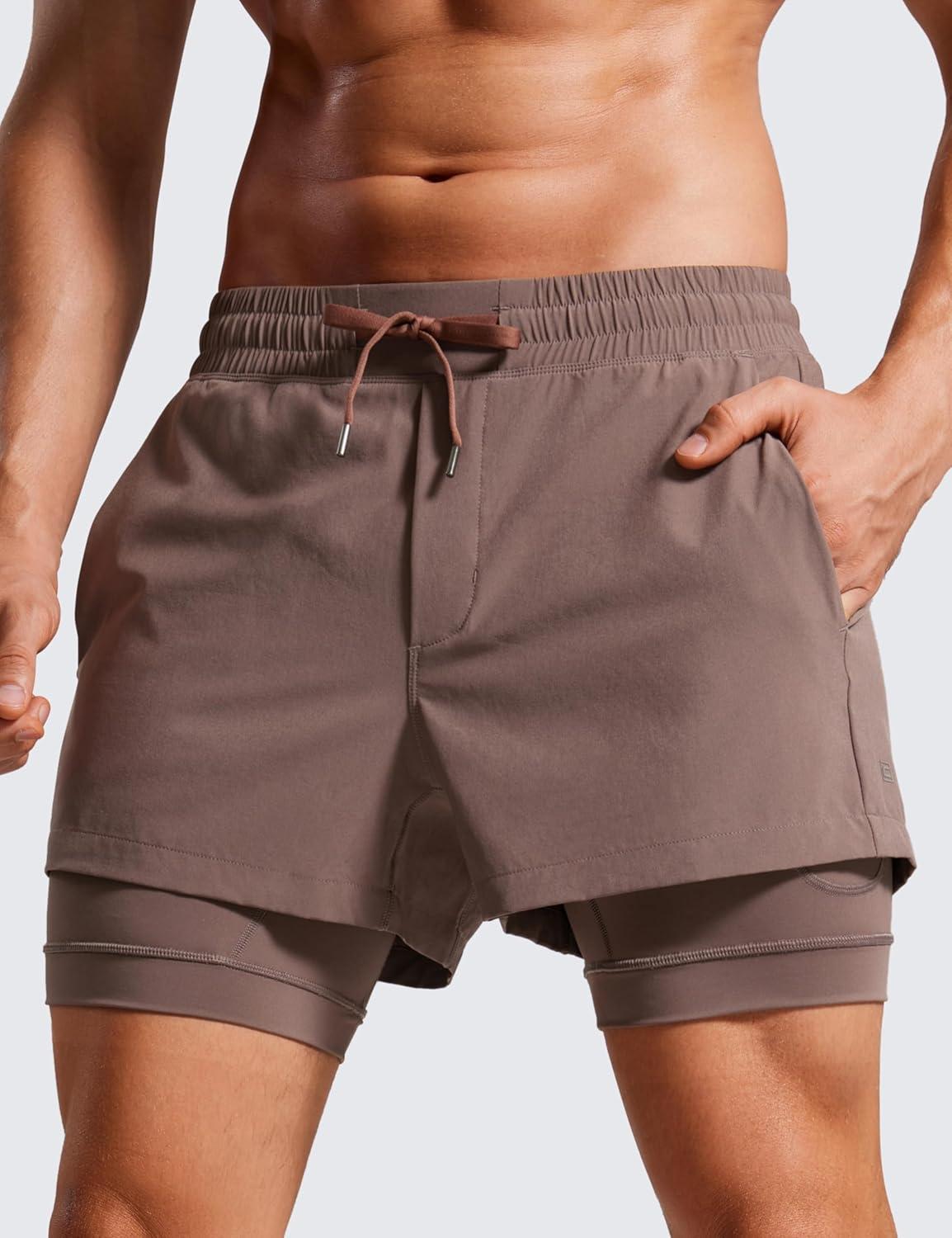 imageCRZ YOGA 2 in 1 Mens Athletic Shorts 35 with Liner Quick Dry Lightweight for Running Gym with Zip PocketsBrown Rock