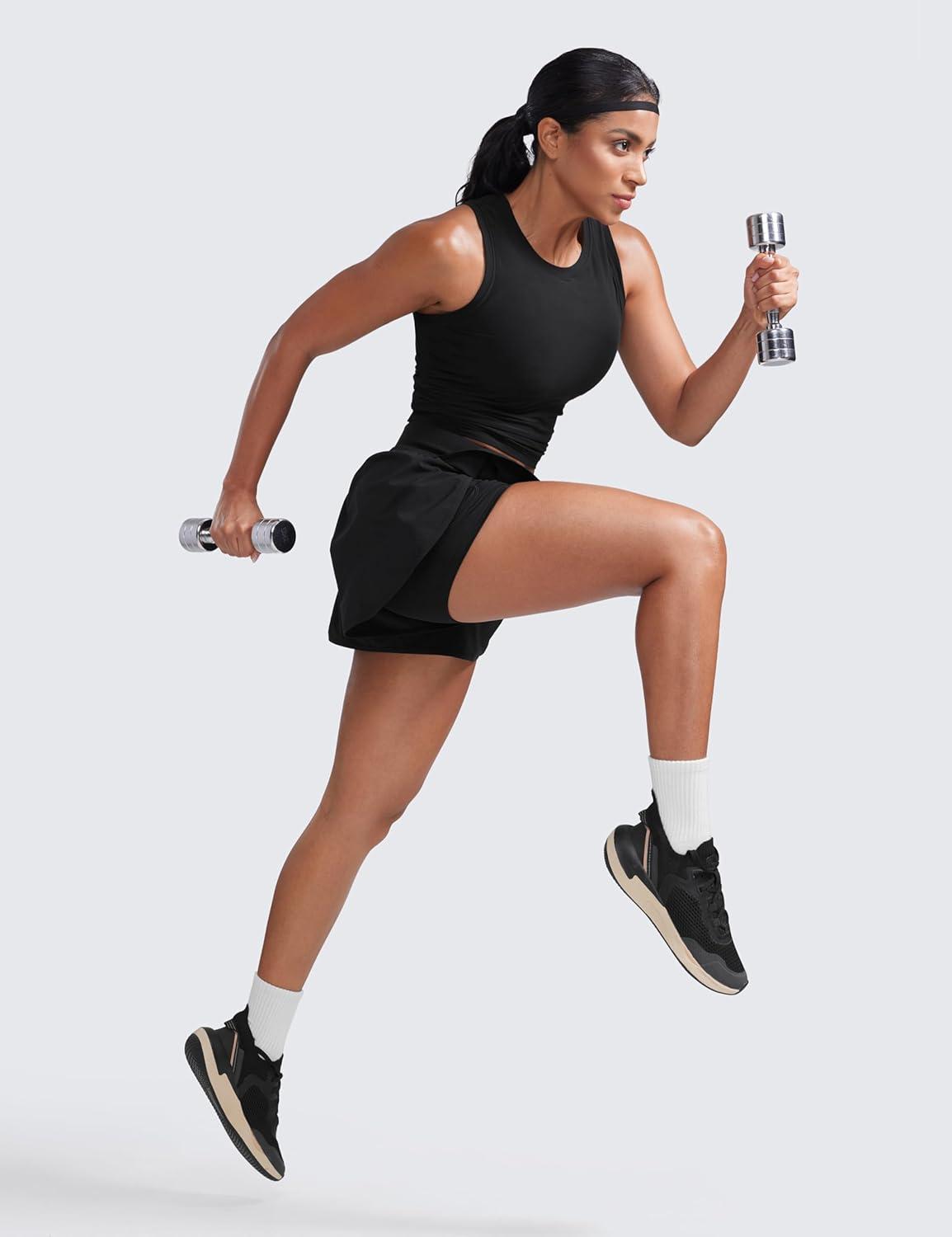 imageCRZ YOGA 2 in 1 Split Flat Rise Running Shorts for Women 3quot High Waisted Workout Athletic Gym Tennis with PocketBlack