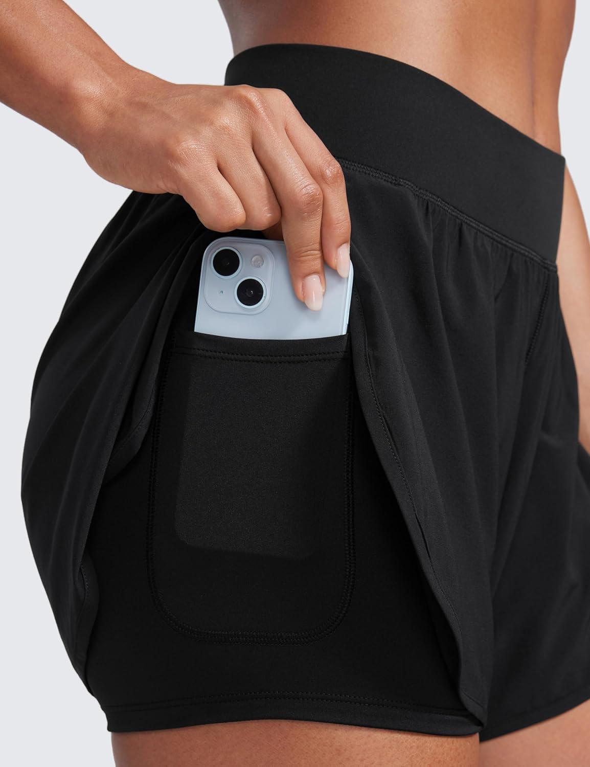 imageCRZ YOGA 2 in 1 Split Flat Rise Running Shorts for Women 3quot High Waisted Workout Athletic Gym Tennis with PocketBlack