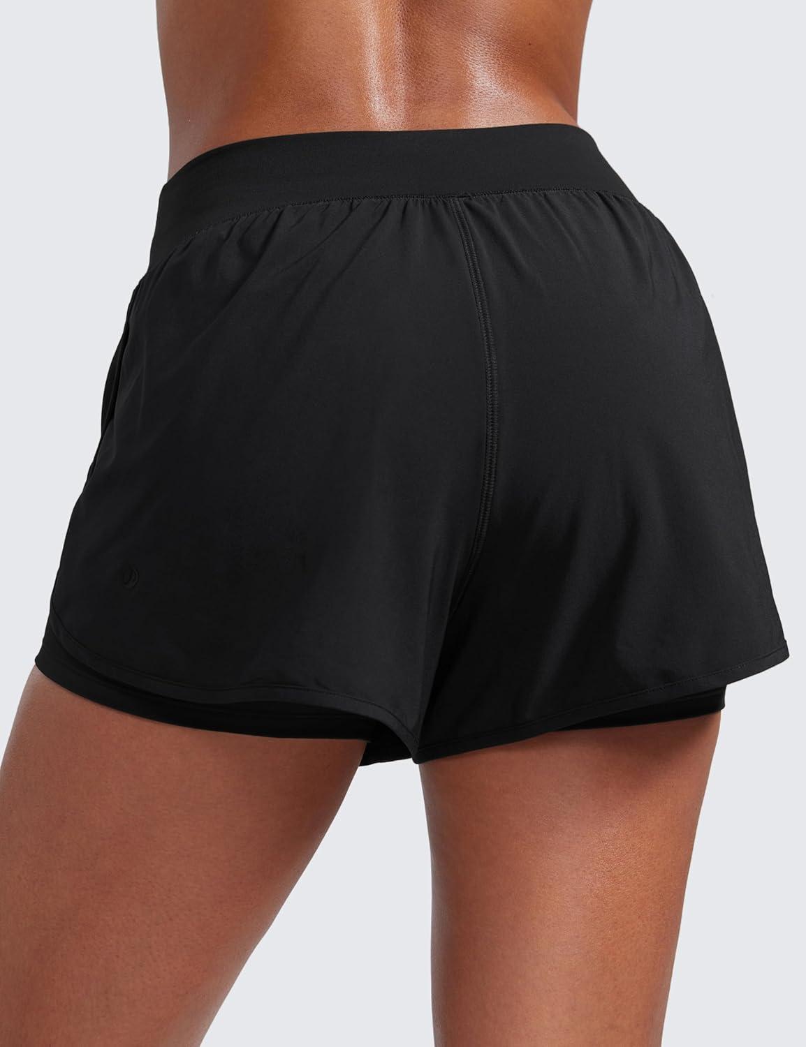 imageCRZ YOGA 2 in 1 Split Flat Rise Running Shorts for Women 3quot High Waisted Workout Athletic Gym Tennis with PocketBlack