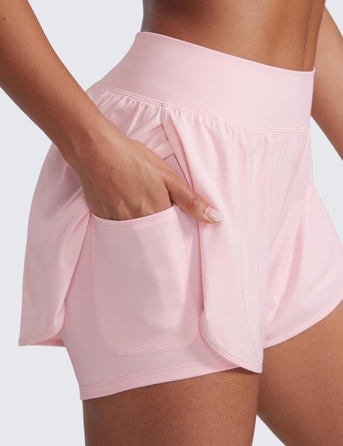 imageCRZ YOGA 2 in 1 Split Flat Rise Running Shorts for Women 3quot High Waisted Workout Athletic Gym Tennis with PocketStrawberry Pink