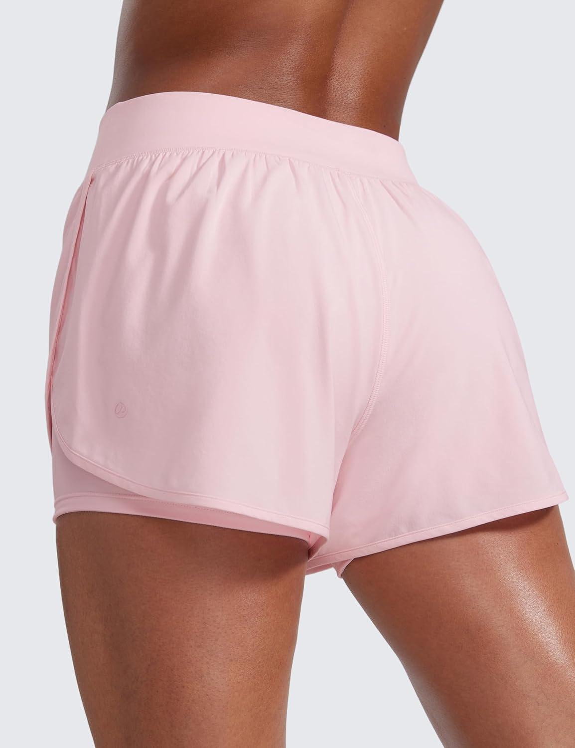 imageCRZ YOGA 2 in 1 Split Flat Rise Running Shorts for Women 3quot High Waisted Workout Athletic Gym Tennis with PocketStrawberry Pink