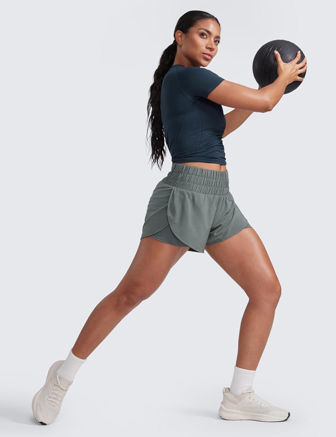 imageCRZ YOGA 2 in 1 Split Running Shorts for Women 3quot High Waisted Workout Athletic Gym Tennis with PocketGrey Sage