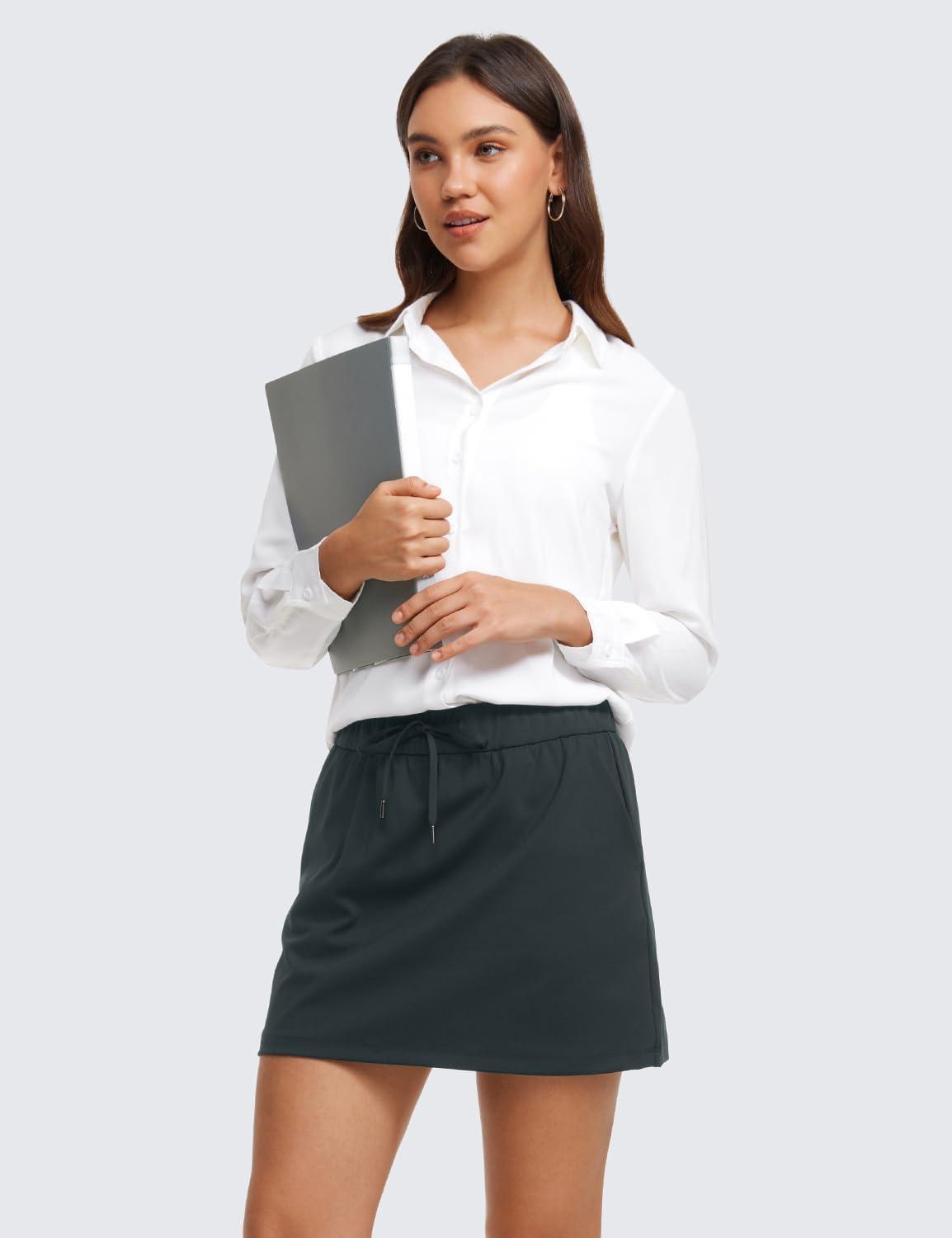 imageCRZ YOGA 4Way Stretch A Line Skirts for Women High Waitsted Mini Lined Tennis Work Drawstring Skort with PocketsMelanite