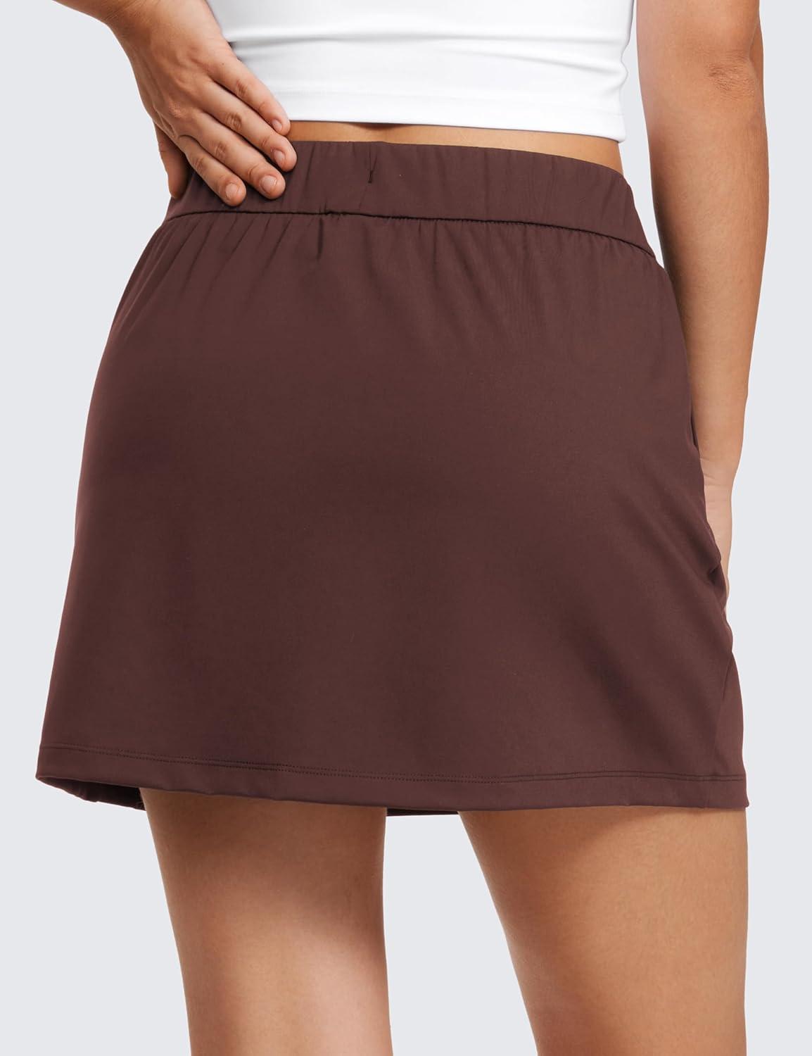 imageCRZ YOGA 4Way Stretch A Line Skirts for Women High Waitsted Mini Lined Tennis Work Drawstring Skort with PocketsTaupe