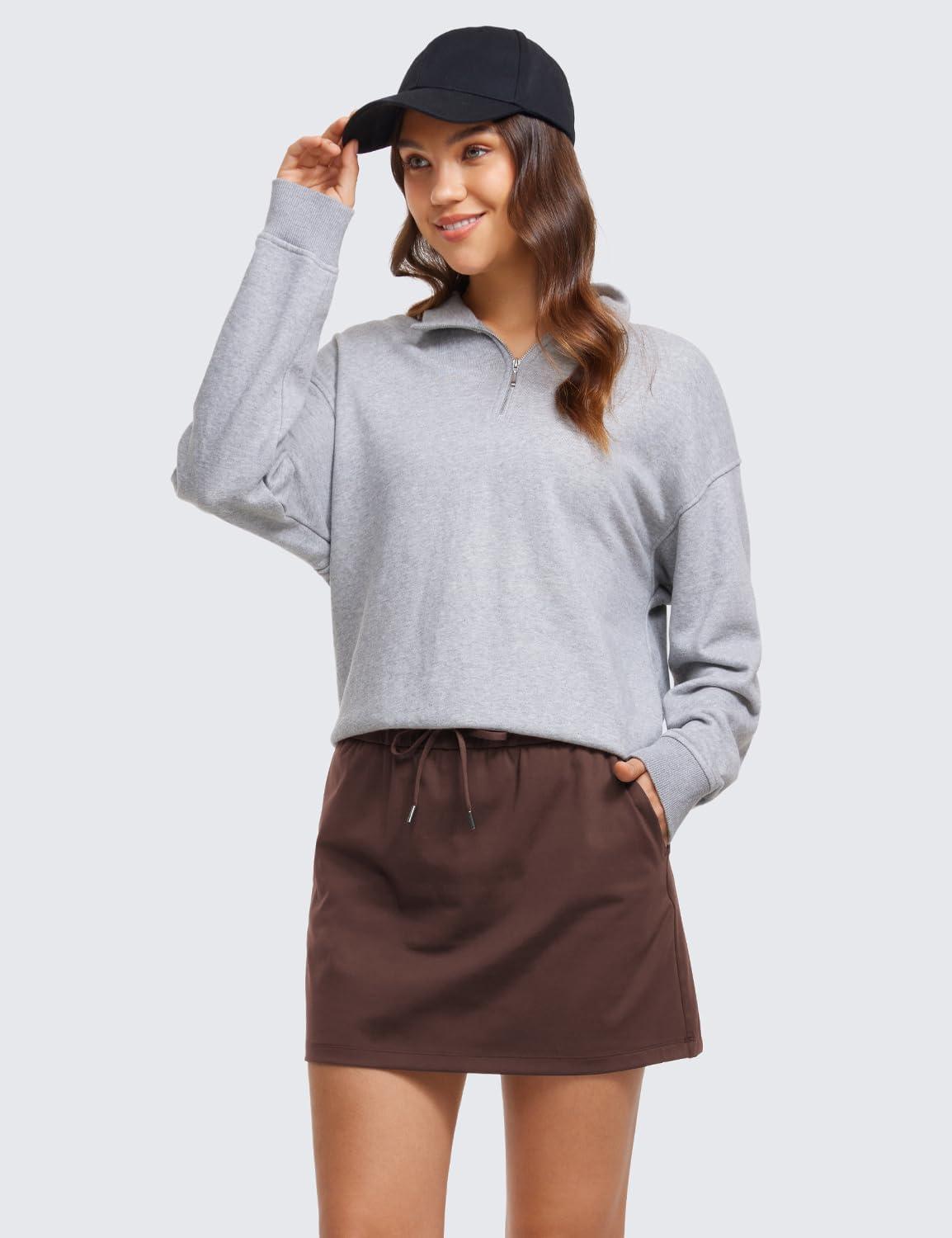 imageCRZ YOGA 4Way Stretch A Line Skirts for Women High Waitsted Mini Lined Tennis Work Drawstring Skort with PocketsTaupe