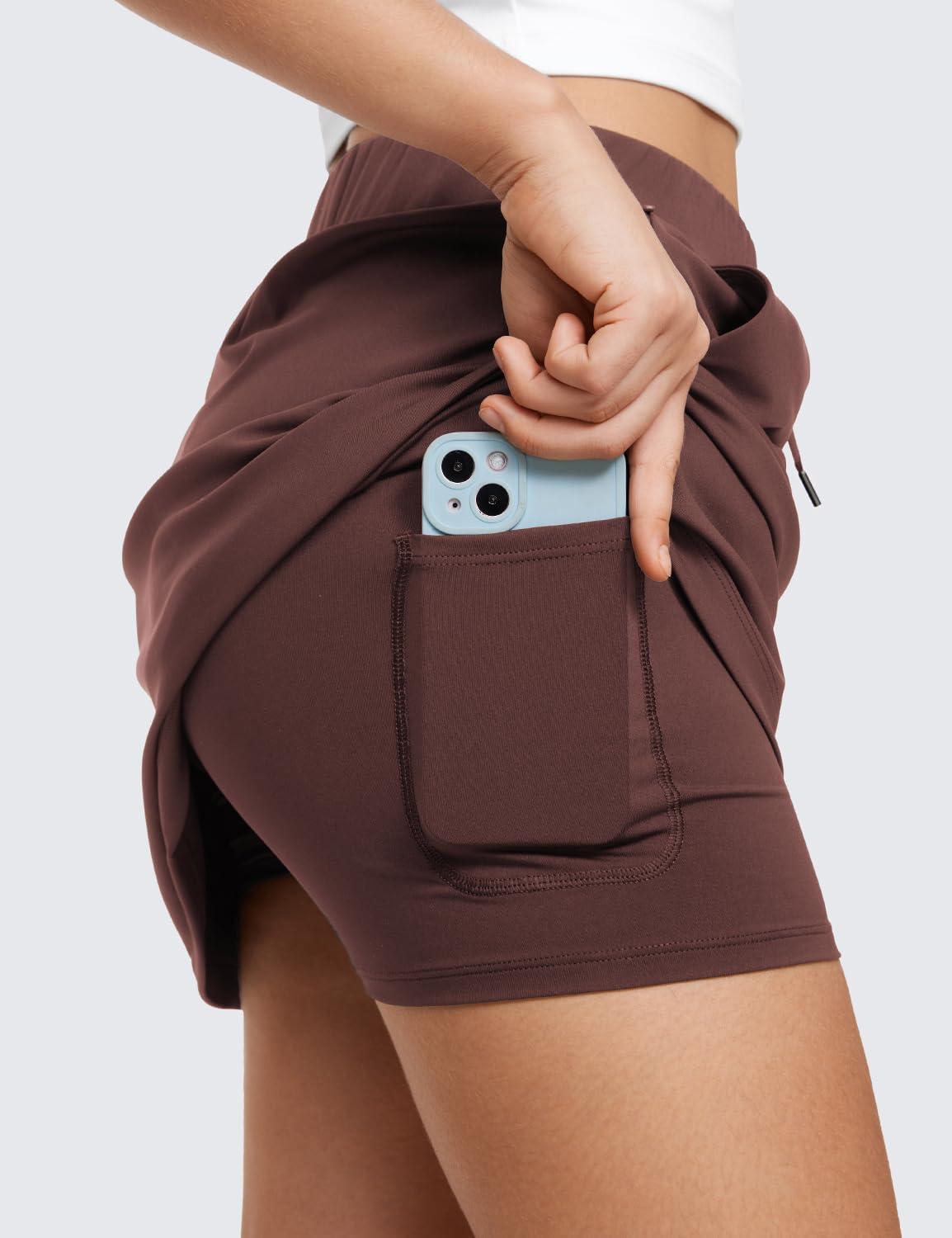 imageCRZ YOGA 4Way Stretch A Line Skirts for Women High Waitsted Mini Lined Tennis Work Drawstring Skort with PocketsTaupe