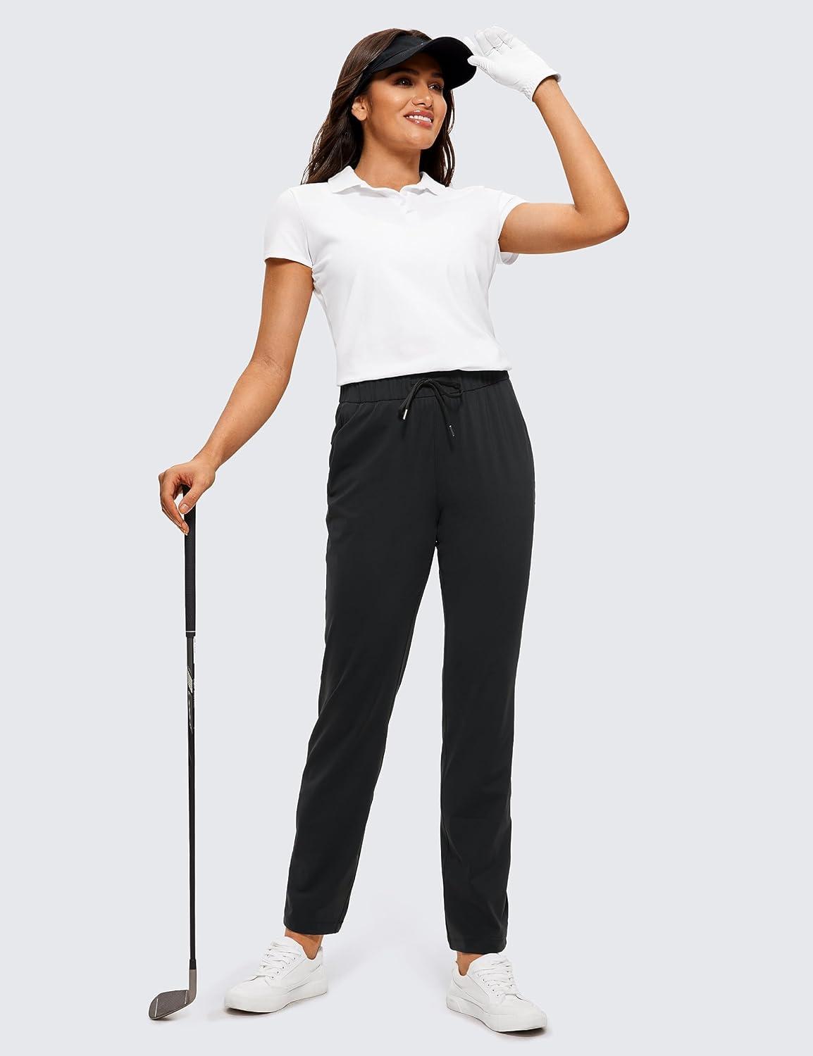 imageCRZ YOGA 4Way Stretch Full Length Golf Pants for Women Tall 31quot Travel Sweatpants Workout Trousers with PocketsBlack