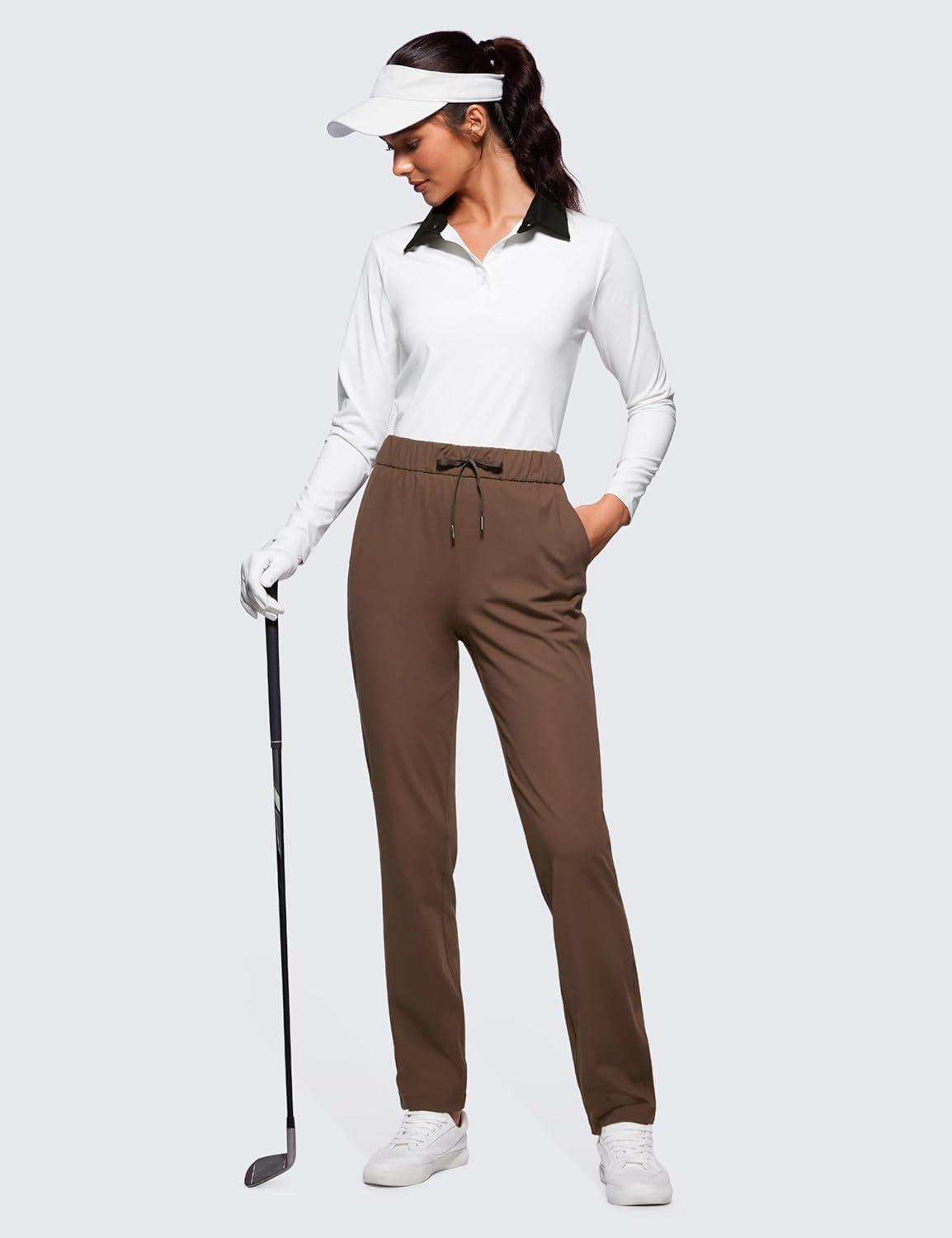 imageCRZ YOGA 4Way Stretch Full Length Golf Pants for Women Tall 31quot Travel Sweatpants Workout Trousers with PocketsCoffee Brown