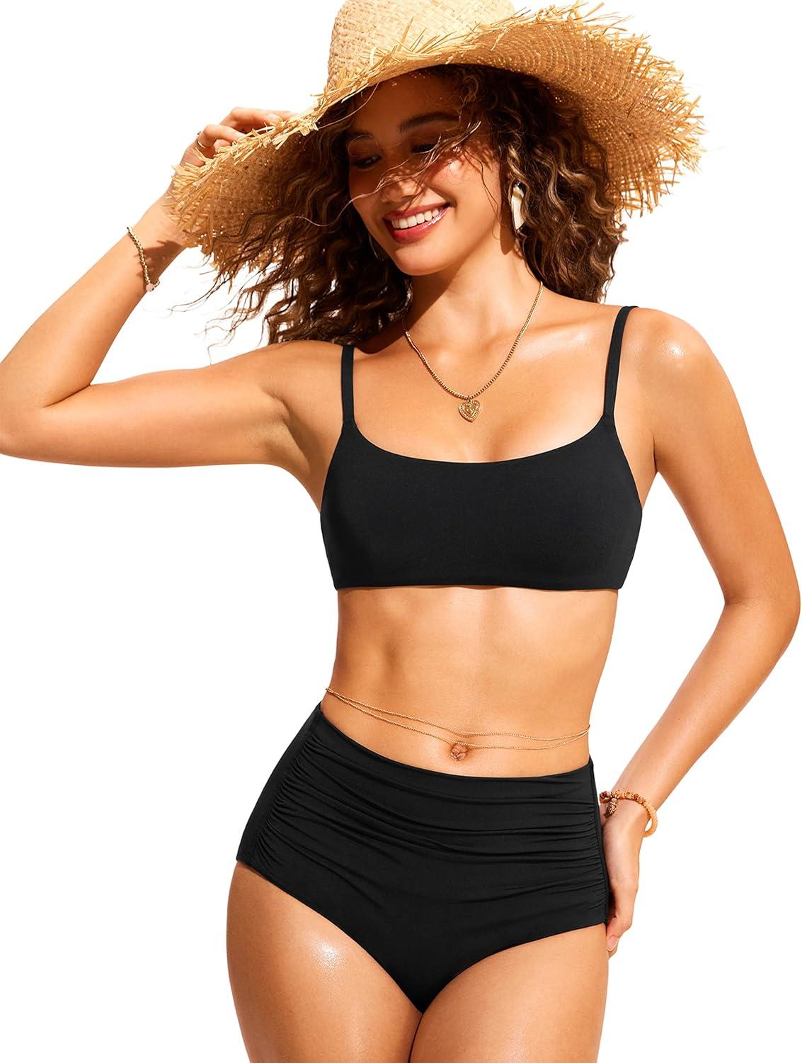 imageCRZ YOGA AC Scoop Neck Bikini Tops for Women Padded Adjustable Bathing Swimsuit Spaghetti Straps Swim Sports BraBlack