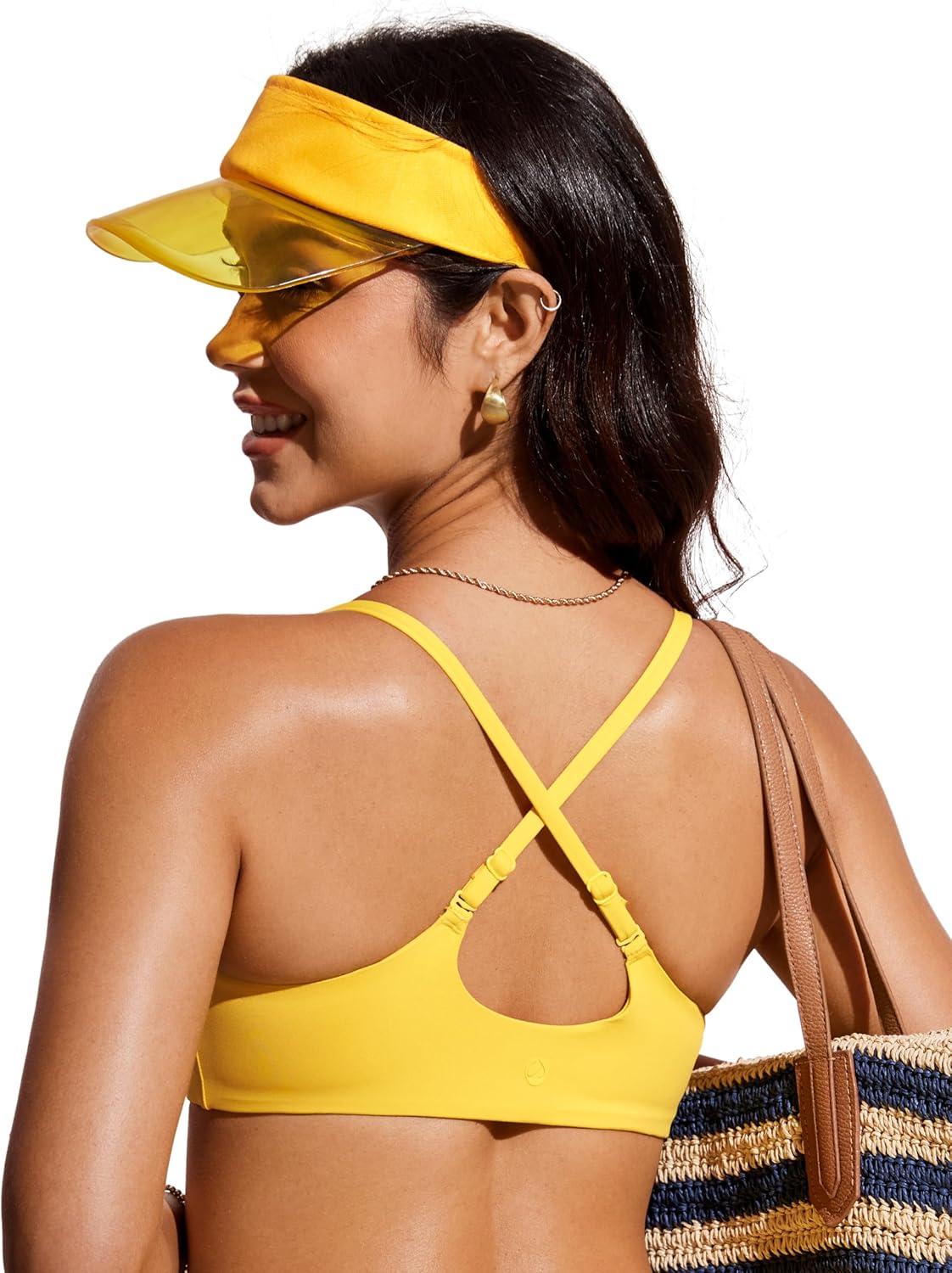 imageCRZ YOGA AC Scoop Neck Bikini Tops for Women Padded Adjustable Bathing Swimsuit Spaghetti Straps Swim Sports BraHigh Visibility Yellow