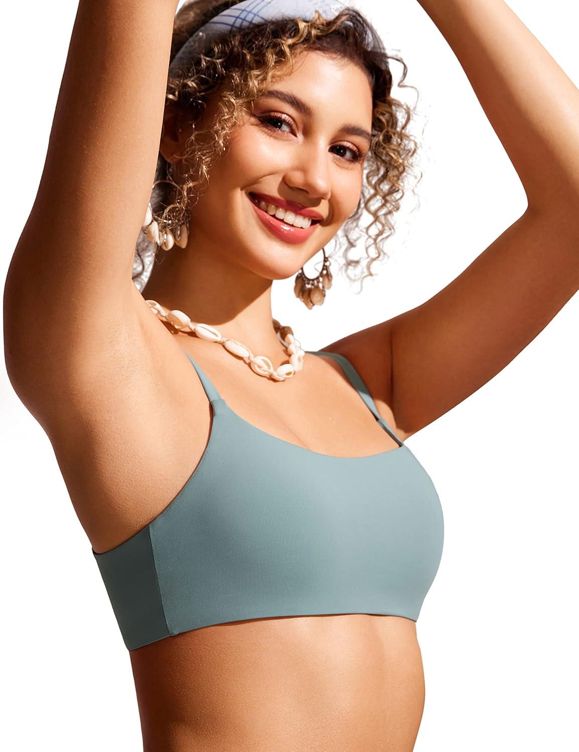 imageCRZ YOGA AC Scoop Neck Bikini Tops for Women Padded Adjustable Bathing Swimsuit Spaghetti Straps Swim Sports BraLight Grayish Blue
