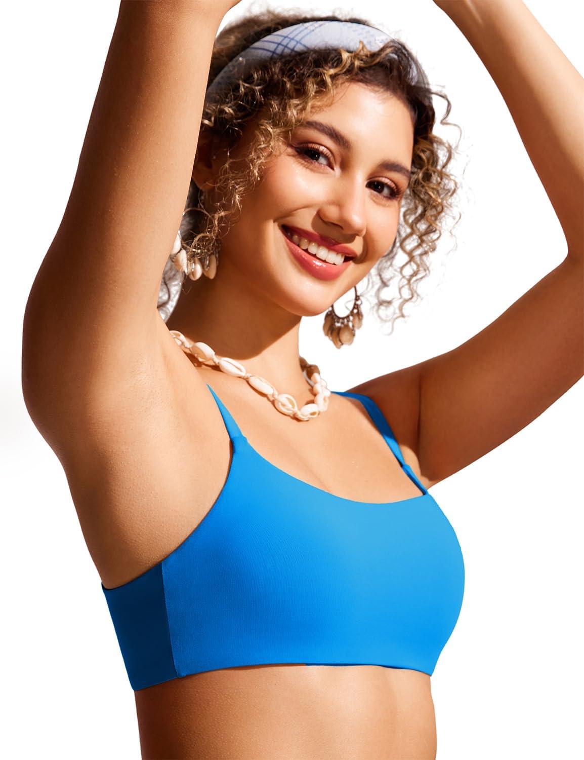 imageCRZ YOGA AC Scoop Neck Bikini Tops for Women Padded Adjustable Bathing Swimsuit Spaghetti Straps Swim Sports BraMadagascar Blue