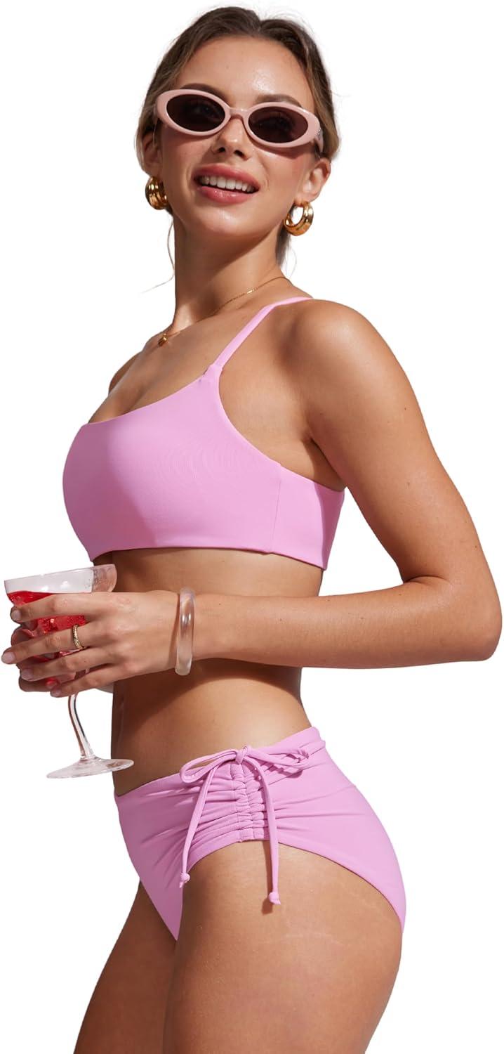 imageCRZ YOGA AC Scoop Neck Bikini Tops for Women Padded Adjustable Bathing Swimsuit Spaghetti Straps Swim Sports BraVita Pink