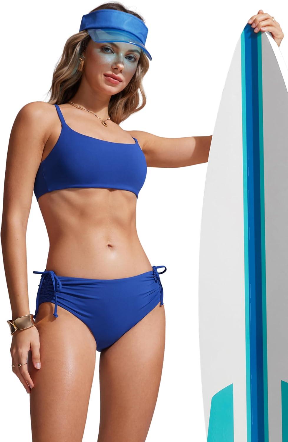 imageCRZ YOGA AC Scoop Neck Bikini Tops for Women Padded Adjustable Bathing Swimsuit Spaghetti Straps Swim Sports BraWaves Blue