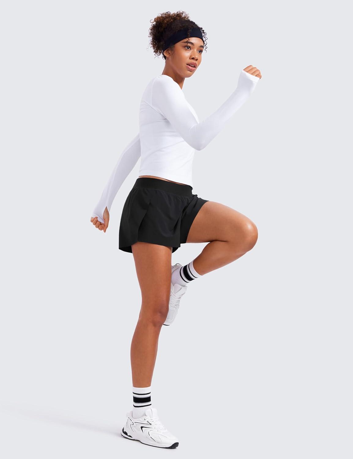 imageCRZ YOGA Athletic Running Shorts for Women V Split Low Waisted Lightweight Gym Workout Athletic Shorts with LinerBlack