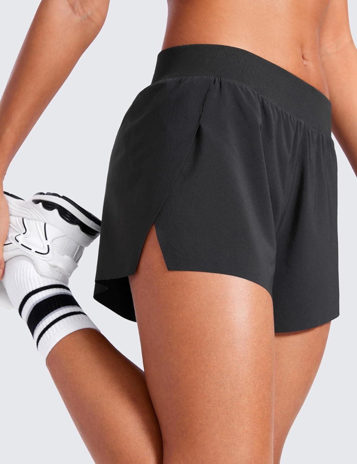 imageCRZ YOGA Athletic Running Shorts for Women V Split Low Waisted Lightweight Gym Workout Athletic Shorts with LinerBlack