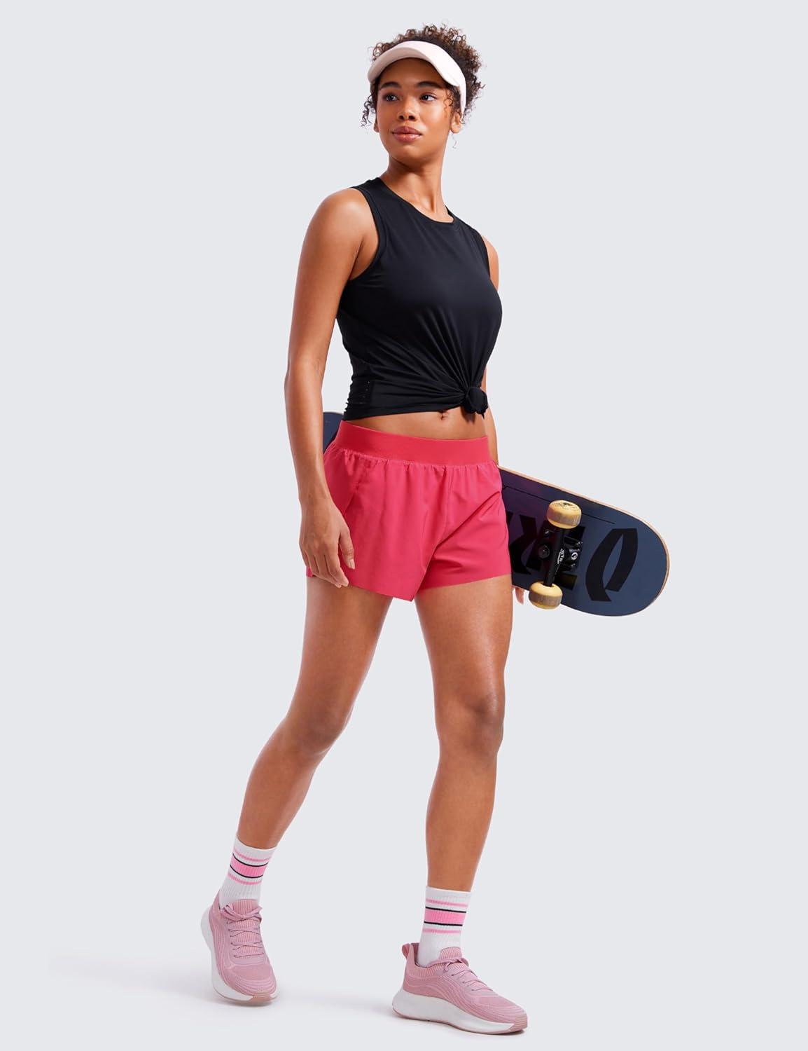 imageCRZ YOGA Athletic Running Shorts for Women V Split Low Waisted Lightweight Gym Workout Athletic Shorts with LinerLip Gloss Pink