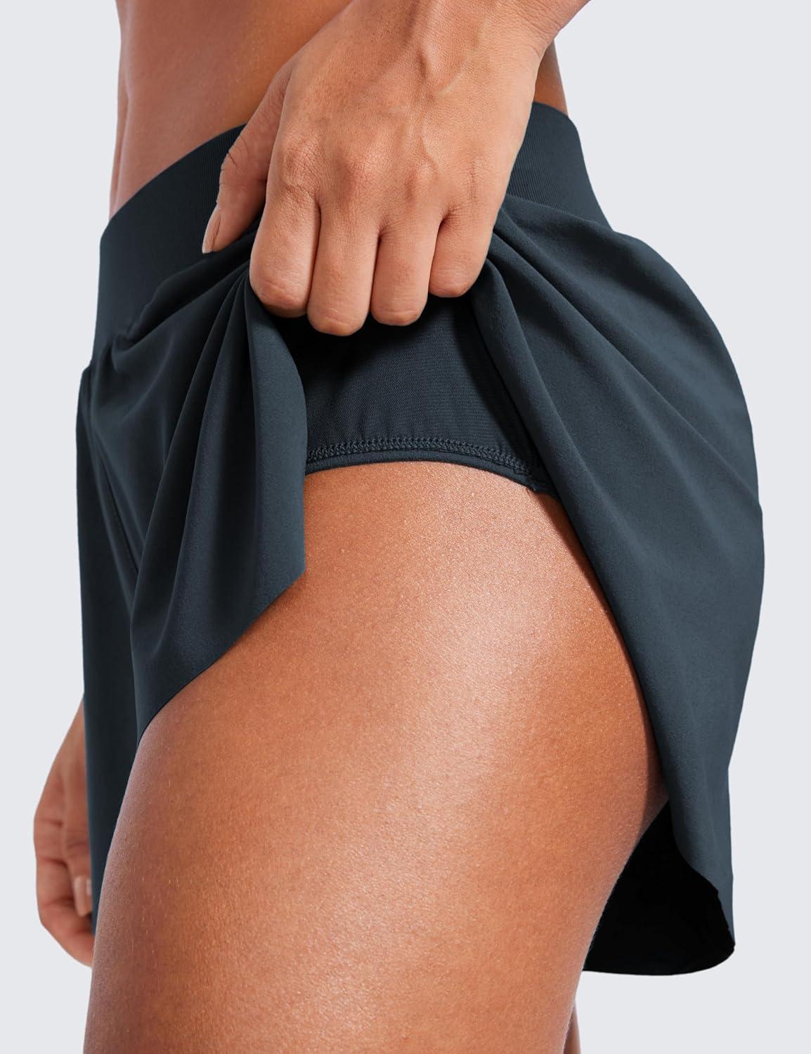 imageCRZ YOGA Athletic Running Shorts for Women V Split Low Waisted Lightweight Gym Workout Athletic Shorts with LinerTrue Navy