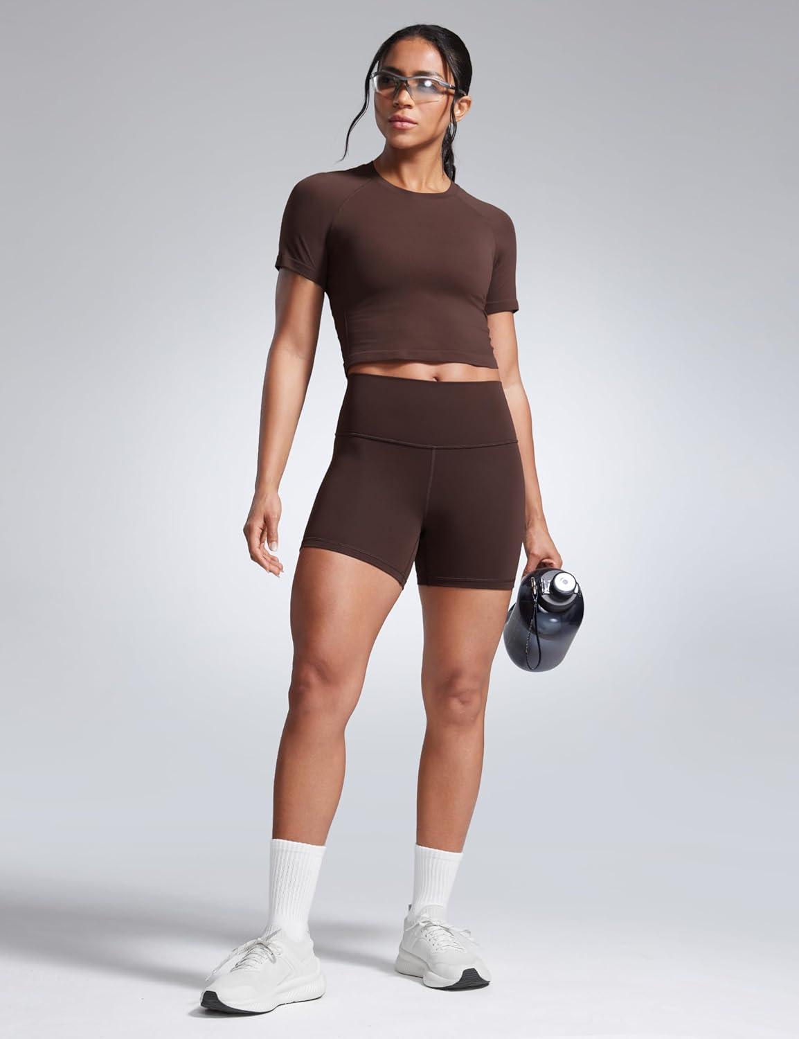 imageCRZ YOGA Butterbreeze Athletic Biker Shorts 4 High Waisted Workout Gym Volleyball Running Yoga Tummy Control WomensHot Fudge Brown