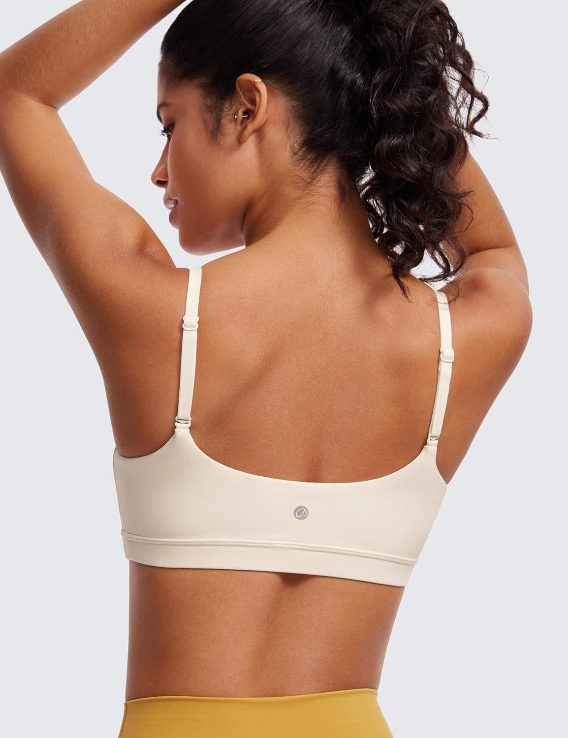 imageCRZ YOGA Butterluxe Adjustable Spaghetti Strap Sports Bras for Women Scoop Neck Wireless Padded Yoga Workout Crop TopWhite Apricot