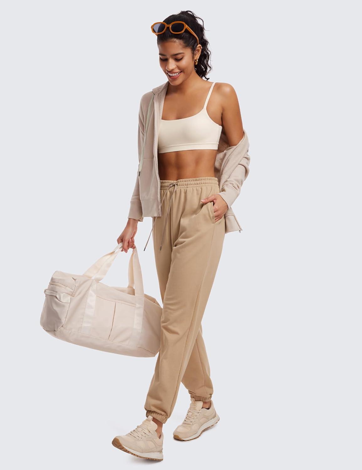 imageCRZ YOGA Butterluxe Adjustable Spaghetti Strap Sports Bras for Women Scoop Neck Wireless Padded Yoga Workout Crop TopWhite Apricot