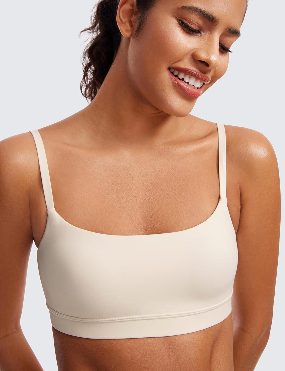 imageCRZ YOGA Butterluxe Adjustable Spaghetti Strap Sports Bras for Women Scoop Neck Wireless Padded Yoga Workout Crop TopWhite Apricot