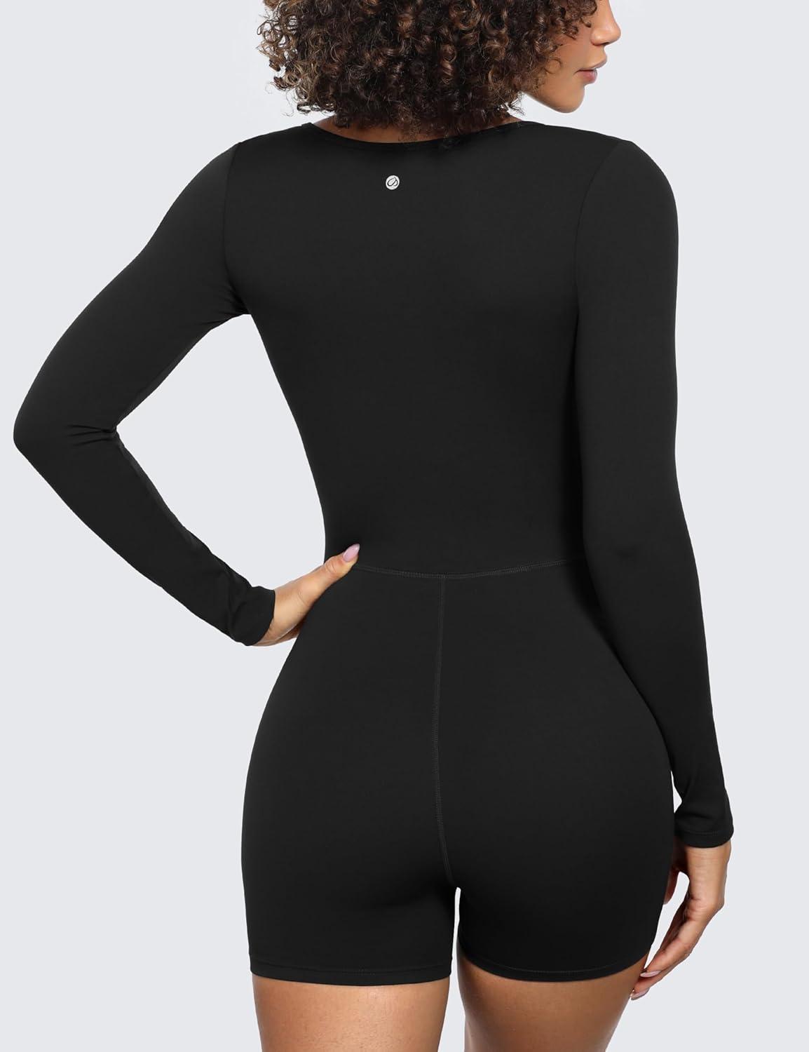 imageCRZ YOGA Butterluxe Athletic Rompers for Women Long Sleeve Scoop Neck Short Jumpsuits Stretchy Workout One Piece BodysuitBlack