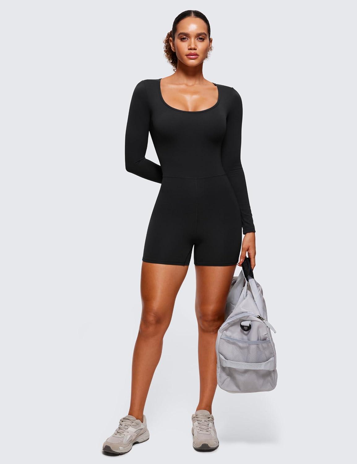 imageCRZ YOGA Butterluxe Athletic Rompers for Women Long Sleeve Scoop Neck Short Jumpsuits Stretchy Workout One Piece BodysuitBlack