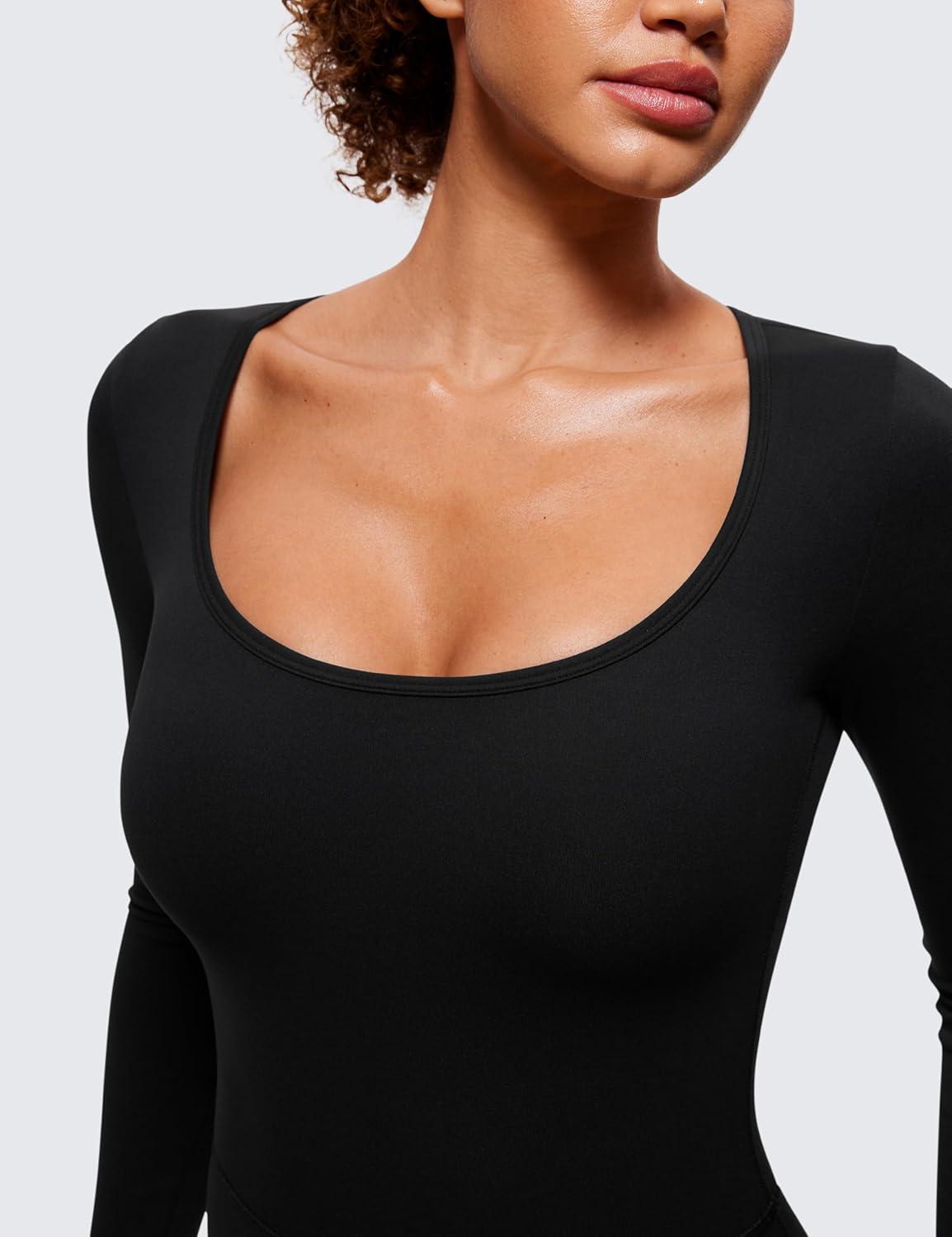 imageCRZ YOGA Butterluxe Athletic Rompers for Women Long Sleeve Scoop Neck Short Jumpsuits Stretchy Workout One Piece BodysuitBlack