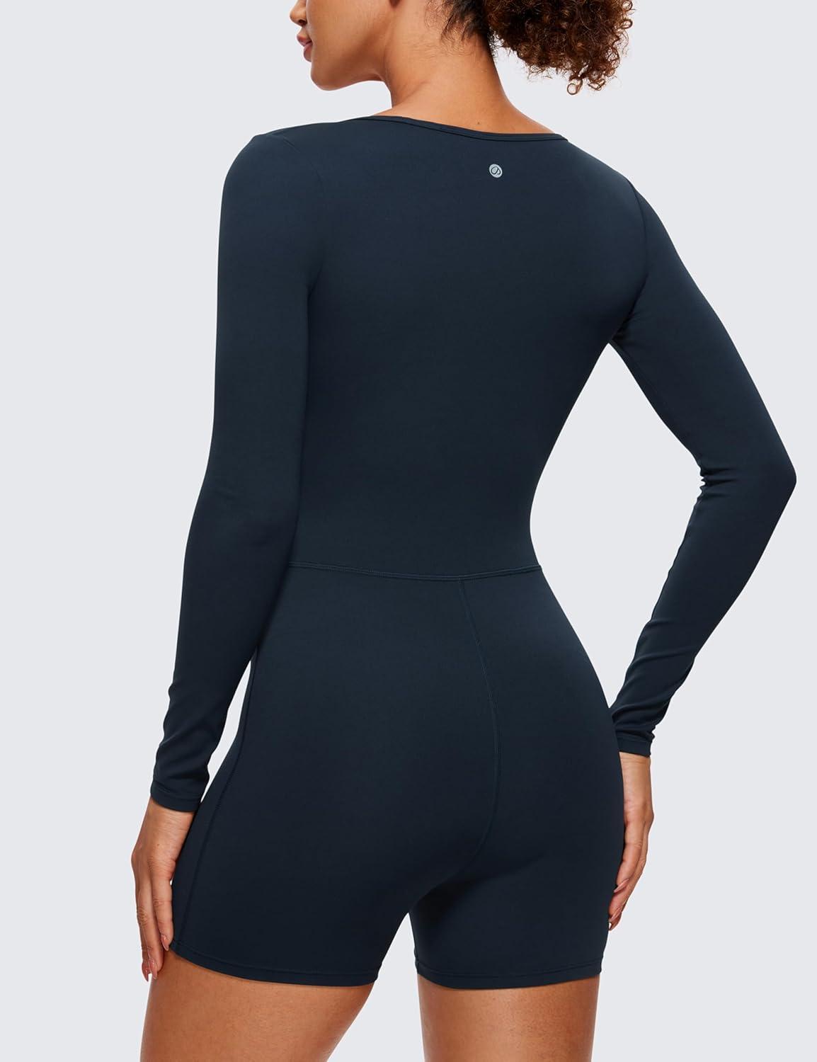 imageCRZ YOGA Butterluxe Athletic Rompers for Women Long Sleeve Scoop Neck Short Jumpsuits Stretchy Workout One Piece BodysuitTrue Navy