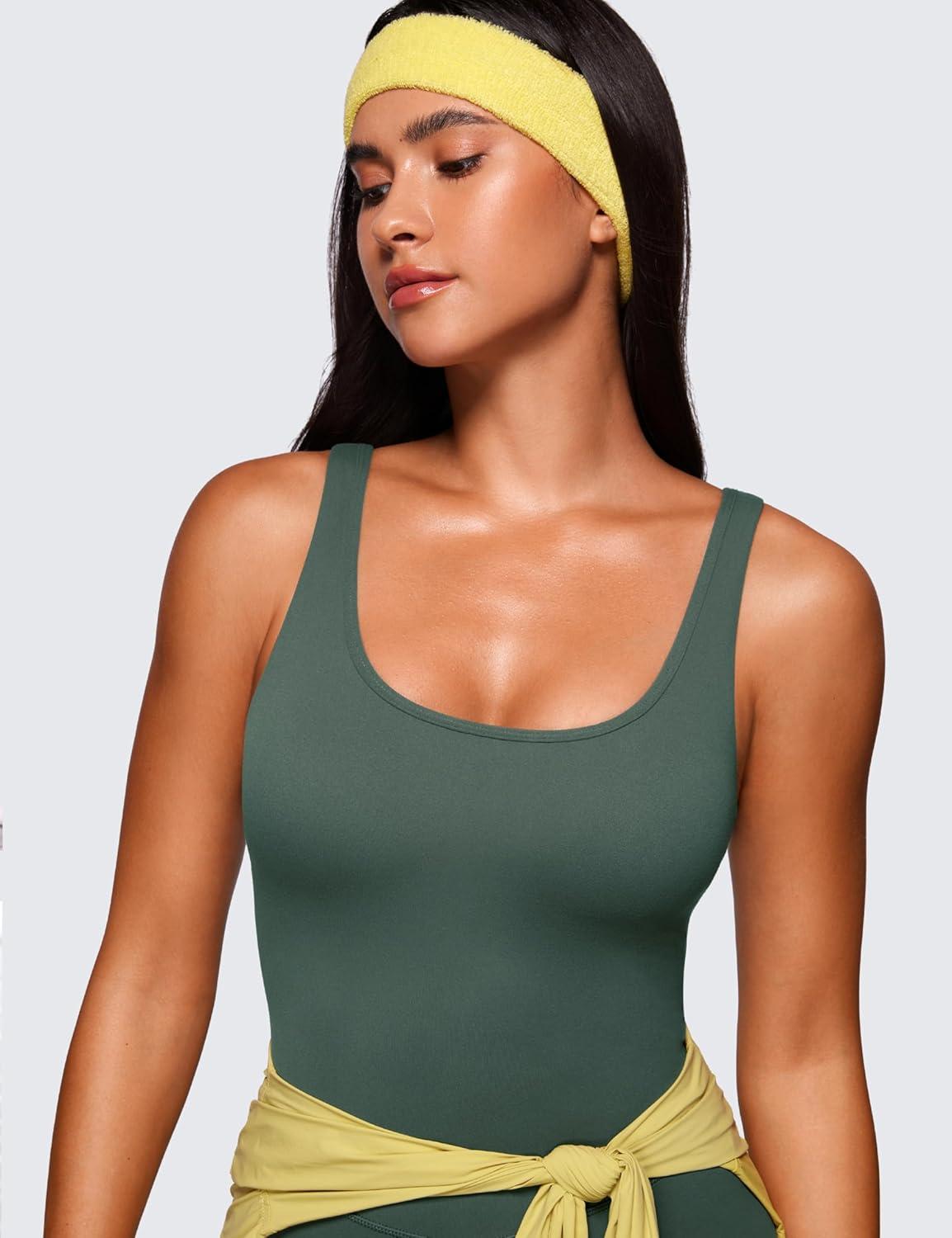 imageCRZ YOGA Butterluxe Athletic Womens Romper Tank Tops Workout Casual Shorts Jumpsuits One Piece Bodysuit ScoopNeck PaddedDark Forest Green