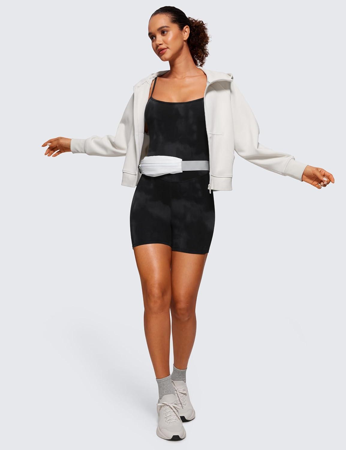 imageCRZ YOGA Butterluxe Cami Strap Rompers for Women Adjustable Sleeveless One Piece Yoga Jumpsuits Bodysuit Shorts PaddedBlack Tie Dye Flowers