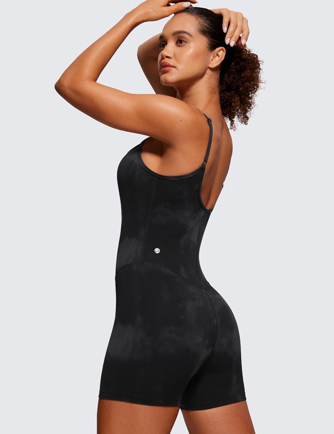 imageCRZ YOGA Butterluxe Cami Strap Rompers for Women Adjustable Sleeveless One Piece Yoga Jumpsuits Bodysuit Shorts PaddedBlack Tie Dye Flowers