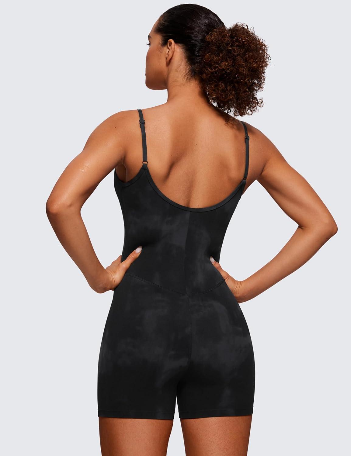 imageCRZ YOGA Butterluxe Cami Strap Rompers for Women Adjustable Sleeveless One Piece Yoga Jumpsuits Bodysuit Shorts PaddedBlack Tie Dye Flowers
