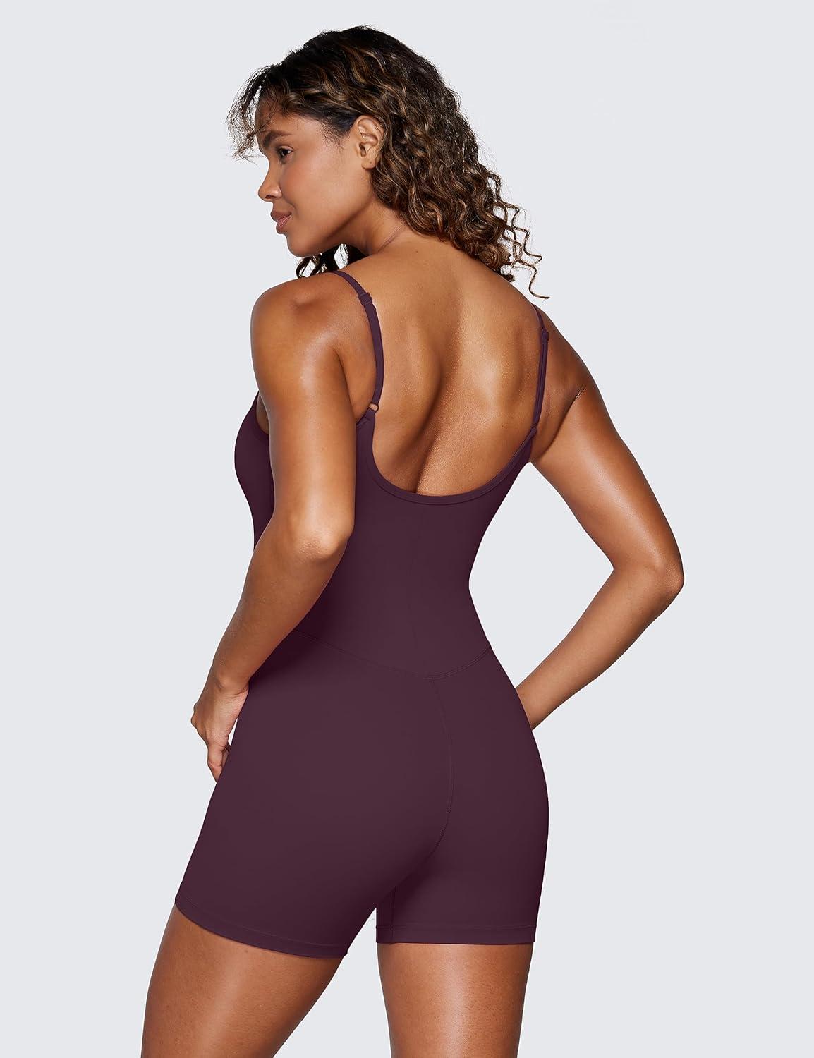 imageCRZ YOGA Butterluxe Cami Strap Rompers for Women Adjustable Sleeveless One Piece Yoga Jumpsuits Bodysuit Shorts PaddedDeep Purple