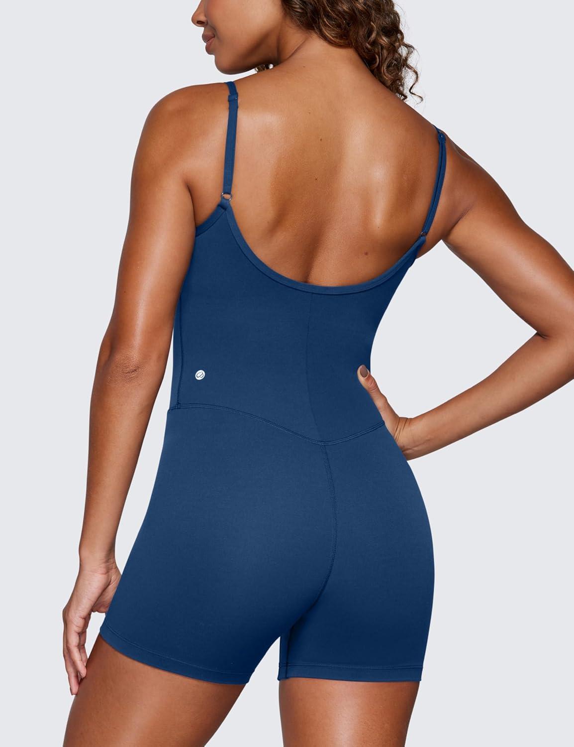 imageCRZ YOGA Butterluxe Cami Strap Rompers for Women Adjustable Sleeveless One Piece Yoga Jumpsuits Bodysuit Shorts PaddedFrench Navy