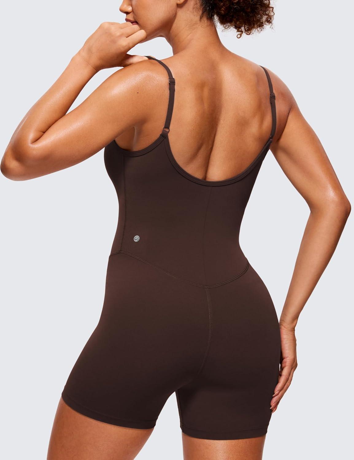 imageCRZ YOGA Butterluxe Cami Strap Rompers for Women Adjustable Sleeveless One Piece Yoga Jumpsuits Bodysuit Shorts PaddedHot Fudge Brown