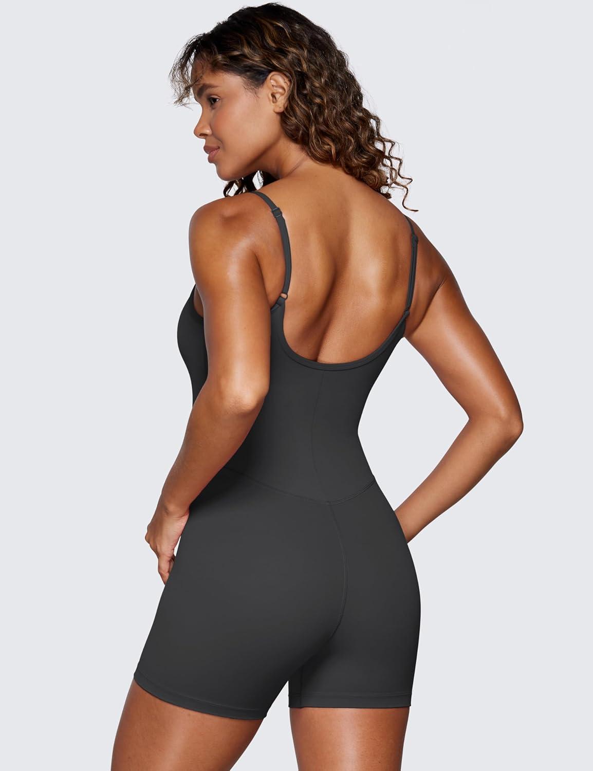 imageCRZ YOGA Butterluxe Cami Strap Rompers for Women Adjustable Sleeveless One Piece Yoga Jumpsuits Bodysuit Shorts PaddedMysterious Grey