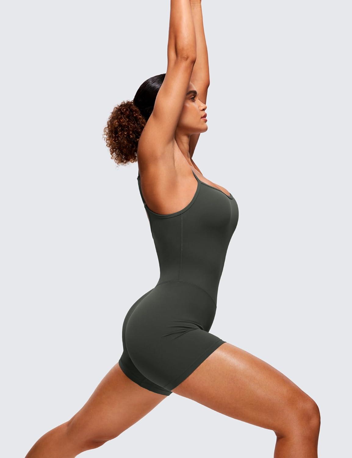 imageCRZ YOGA Butterluxe Cami Strap Rompers for Women Adjustable Sleeveless One Piece Yoga Jumpsuits Bodysuit Shorts PaddedOlive Green