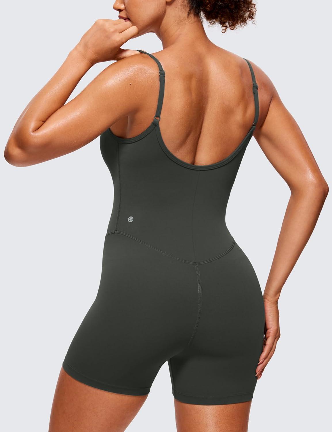 imageCRZ YOGA Butterluxe Cami Strap Rompers for Women Adjustable Sleeveless One Piece Yoga Jumpsuits Bodysuit Shorts PaddedOlive Green