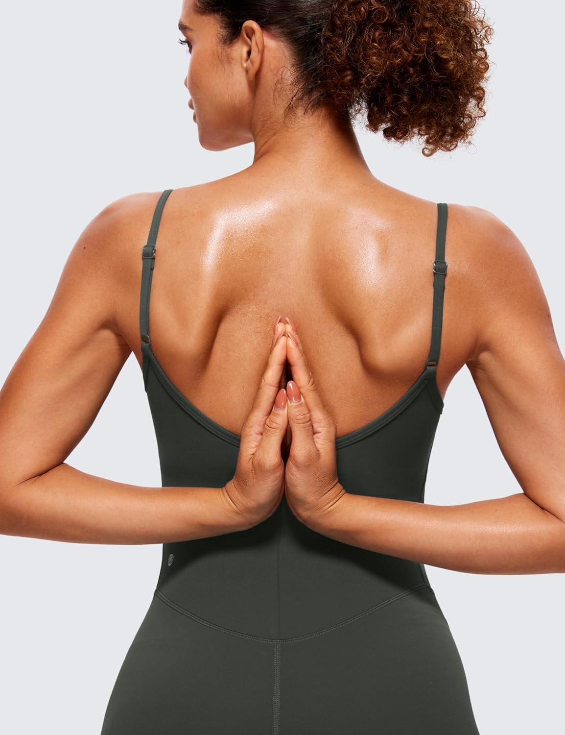 imageCRZ YOGA Butterluxe Cami Strap Rompers for Women Adjustable Sleeveless One Piece Yoga Jumpsuits Bodysuit Shorts PaddedOlive Green