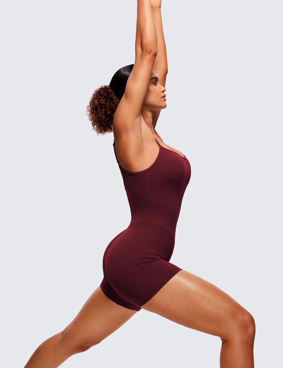 imageCRZ YOGA Butterluxe Cami Strap Rompers for Women Adjustable Sleeveless One Piece Yoga Jumpsuits Bodysuit Shorts PaddedRed Merlot