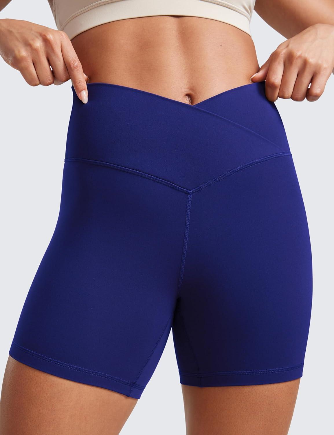 imageCRZ YOGA Butterluxe Crossover Biker Shorts 5quot Criss Cross High Waisted Workout Yoga Buttery Soft WomensLarkspur Blue