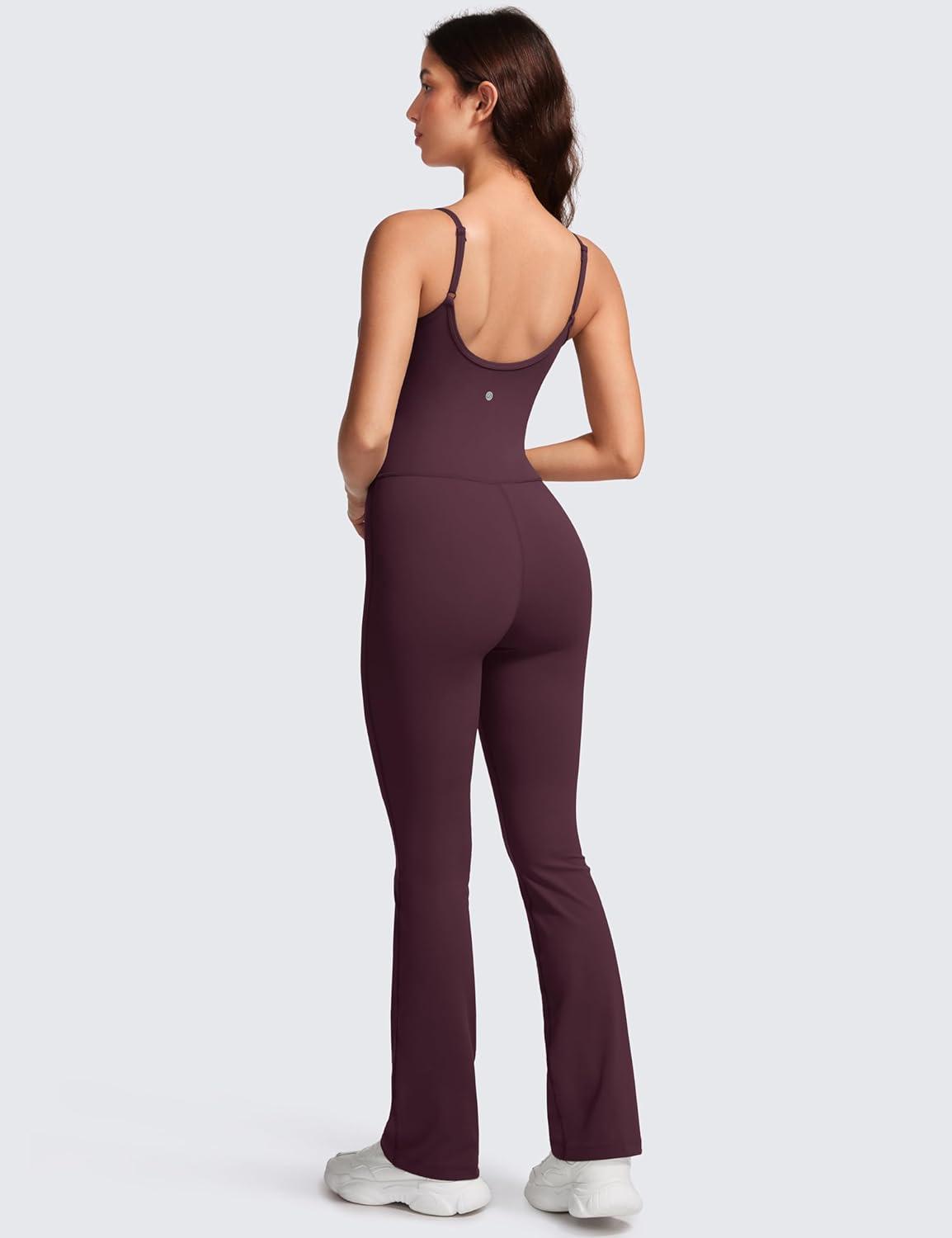 imageCRZ YOGA Butterluxe Flare Jumpsuits for Women Spaghetti Strap Workout Athletic Onesie Square Neck Bodysuits with Built in BraArctic Plum