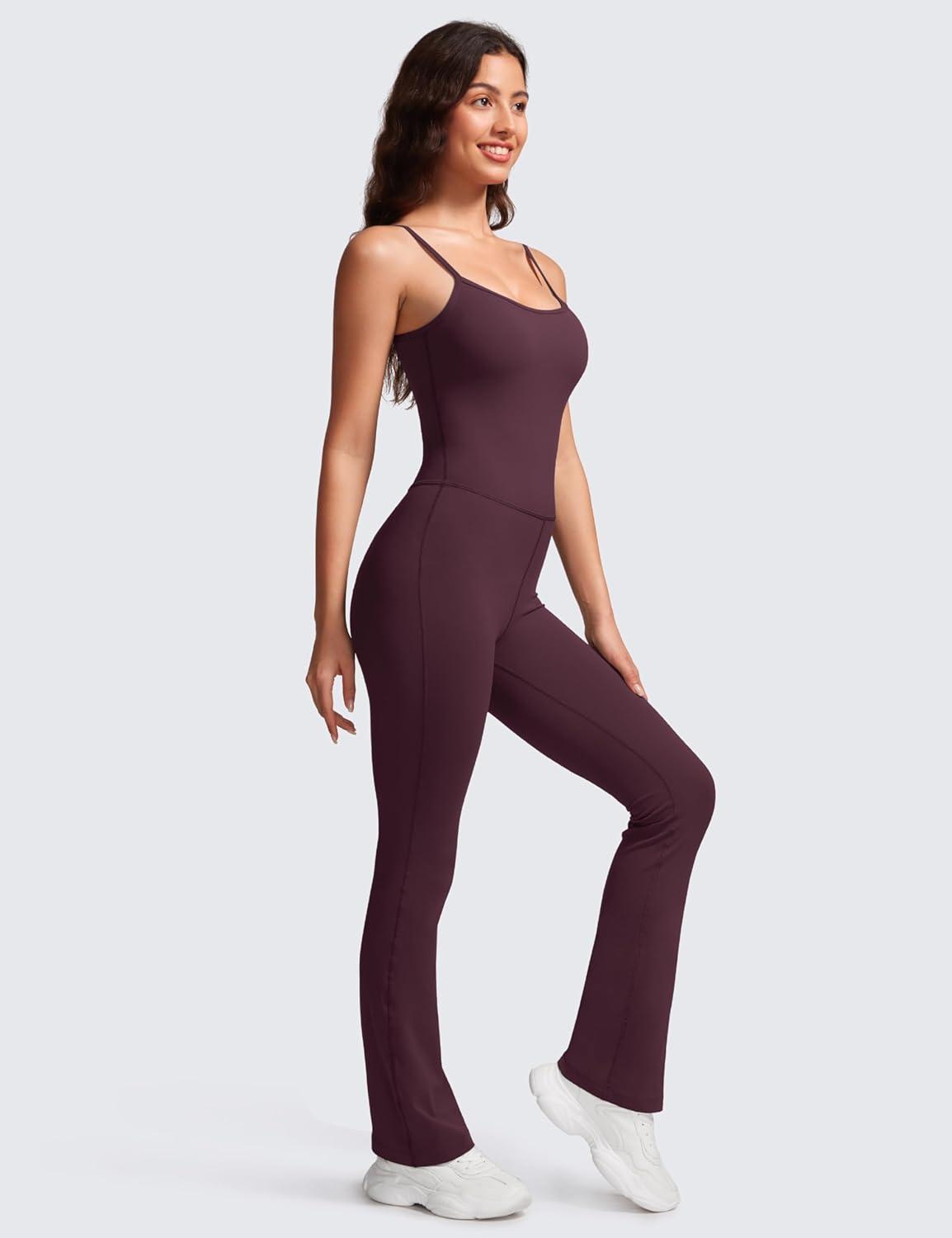 imageCRZ YOGA Butterluxe Flare Jumpsuits for Women Spaghetti Strap Workout Athletic Onesie Square Neck Bodysuits with Built in BraArctic Plum